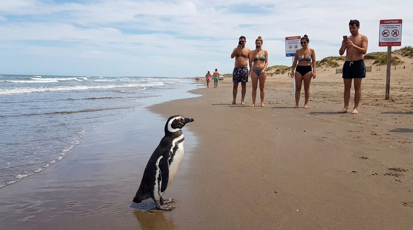 De smoking en la playa, insólito avistamiento de un pingüino en las orillas de Monte Hermoso