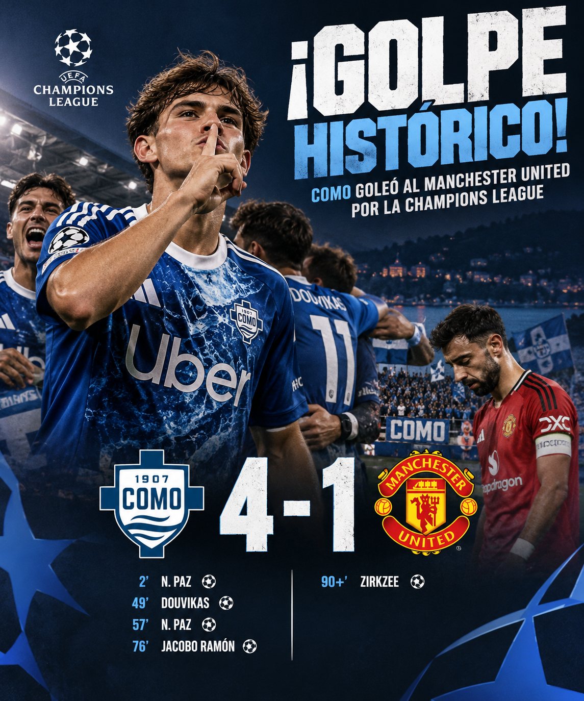 ¡Golpe histórico! el COMO goleó al Manchester United por la Champions League